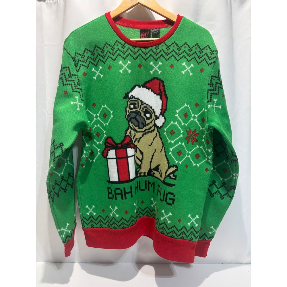 Mad Engine Sweatshirt Mens Large Green Bah Hum Pug Ugly Christmas Sweater